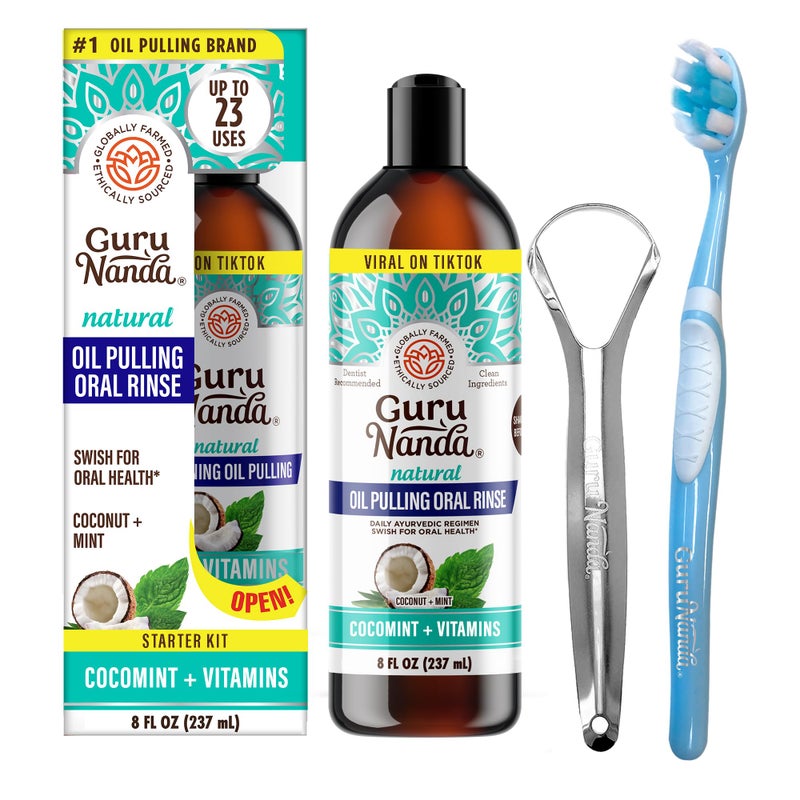 GuruNanda Coconut Oil Pulling, Fresh Breath & Whitening Mouthwash, 7 Essential Oils & Vitamins for Happy Teeth & Gums, Alcohol-Free, 8 oz - Image 1
