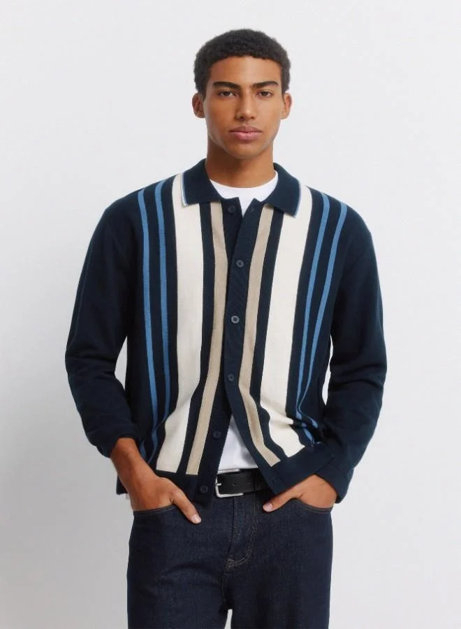 Springfield 100% cotton vertical stripe button polo neck cardigan