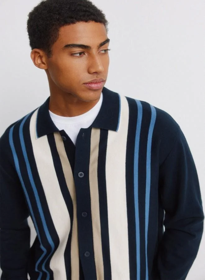 Springfield  100% cotton vertical stripe button polo neck cardigan for Men | Best Price UAE