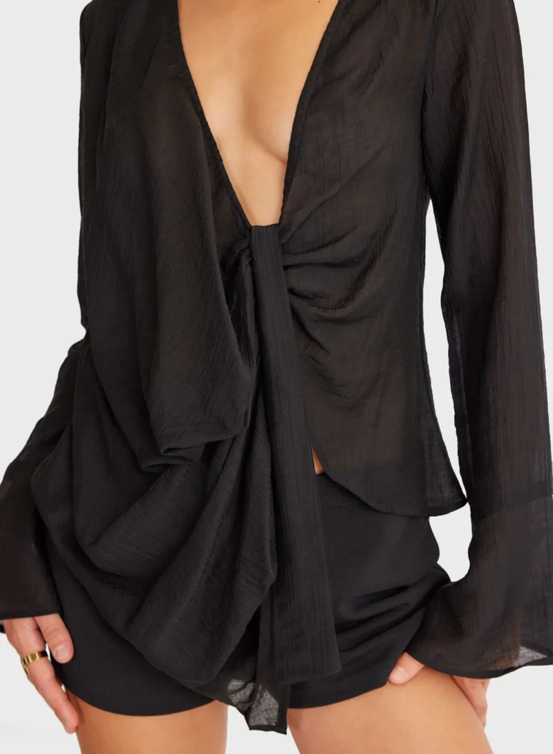 SNDYS Plunge Neck Tie Detail Top