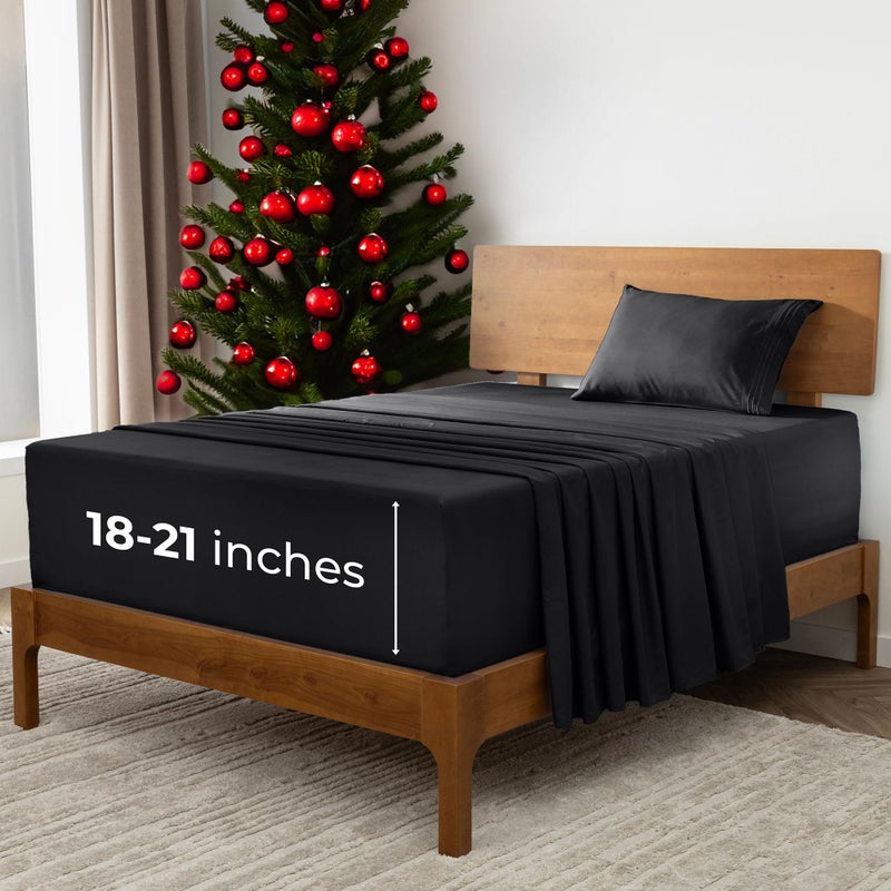 Mellanni Extra Deep Twin Sheets 3 PC Iconic Collection Bedding Hotel Luxury Ultra Soft Cooling Bed Sheets Wrinkle Fade Stain Resistant Twin Black