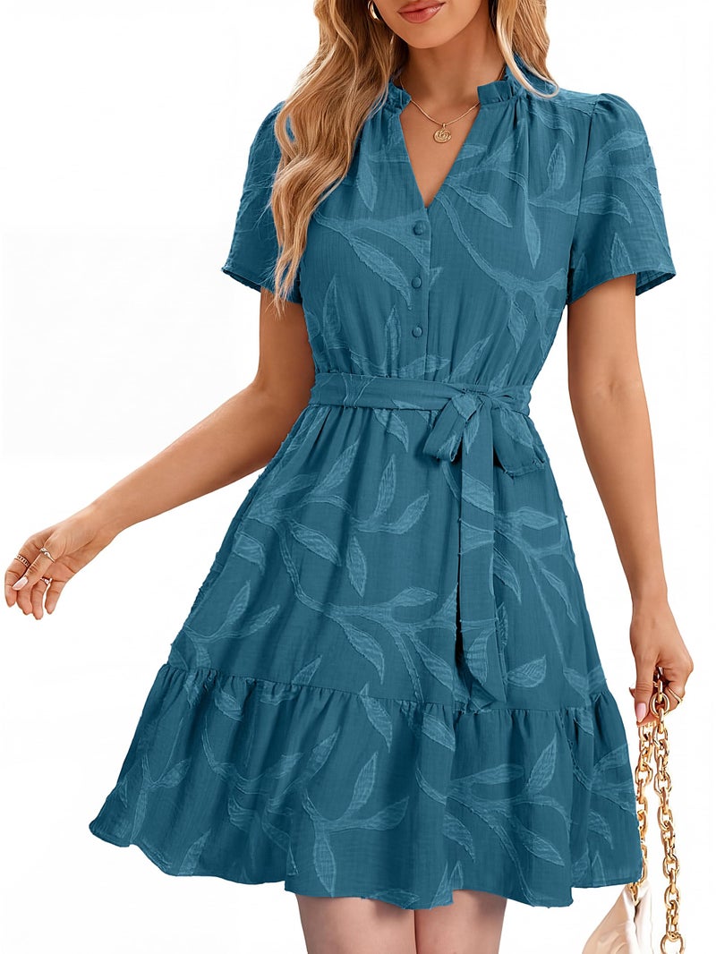 Simplee Womens Summer Dresses 2026 Casual Short Sleeve V Neck Empire Waist A Line Ruffle Beach Party Dress Ink Blue,M - Image 1