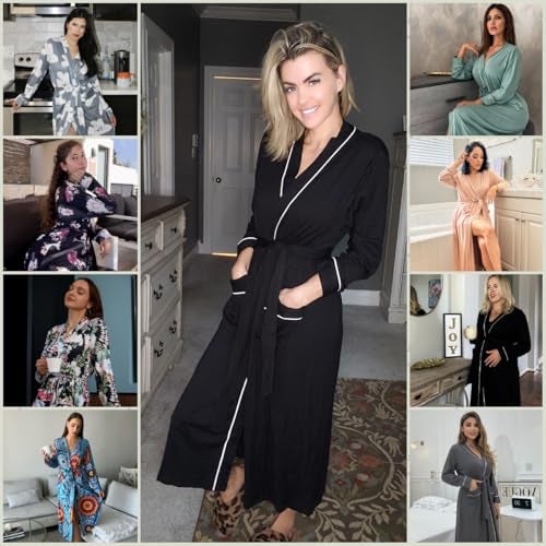 Ekouaer Women Kimono Robes Full Length Knit Bathrobe Lightweight Soft Sleepwear V-neck Casual Ladies Loungewear Black Medium - Image 5