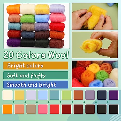 Mayboos Needle Felting Kit, Wool Roving 20 Colors Set, Wool Felting Kit Felt Molds with Portable Storage Box for DIY Craft Home Decoration (Green Bag) - Image 2