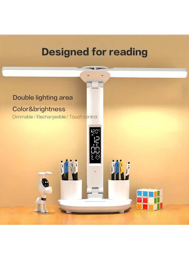1 PC Double Headed LED Desk Lamp - USB Rechargeable Touch Control, Folding Design with Calendar/Clock/Night Light & Pen Holder, Bedroom Reading Lamp