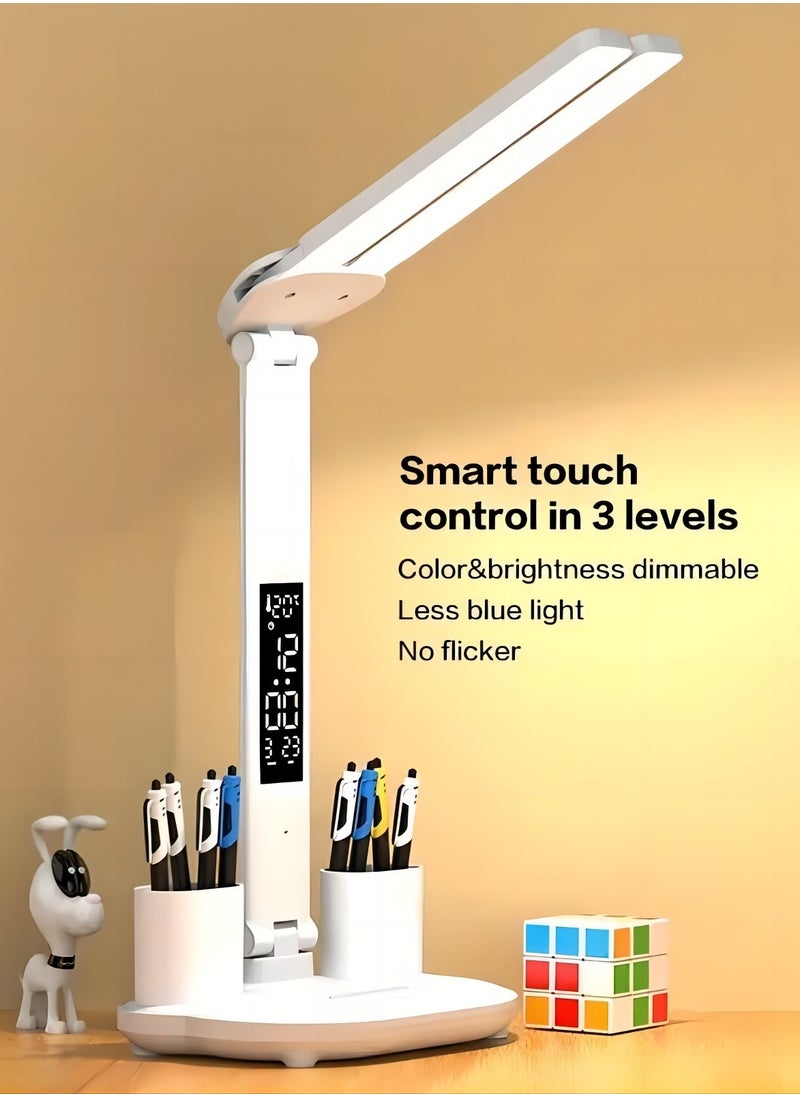 1 PC Double Headed LED Desk Lamp - USB Rechargeable Touch Control, Folding Design with Calendar/Clock/Night Light & Pen Holder, Bedroom Reading Lamp