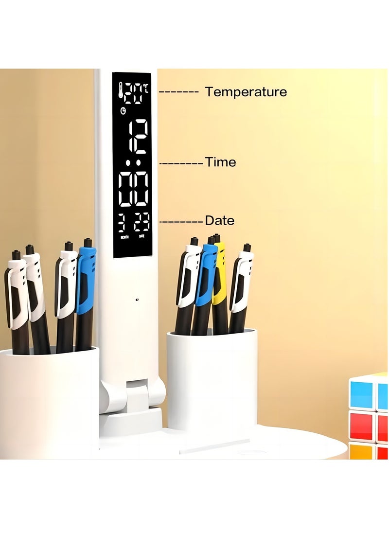1 PC Double Headed LED Desk Lamp - USB Rechargeable Touch Control, Folding Design with Calendar/Clock/Night Light & Pen Holder, Bedroom Reading Lamp
