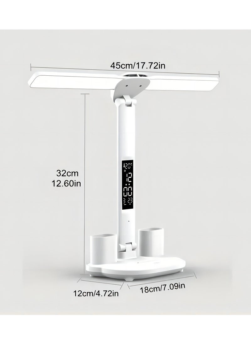 1 PC Double Headed LED Desk Lamp - USB Rechargeable Touch Control, Folding Design with Calendar/Clock/Night Light & Pen Holder, Bedroom Reading Lamp