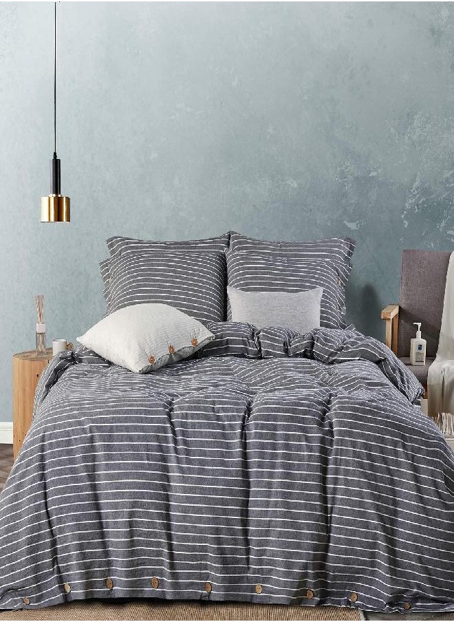 JELLYMONI JELLYMONI Pinstriped 100% Washed Cotton Linen Like Duvet Cover Set, 3 Pieces Luxury Soft Bedding Set with Buttons Closure, Grey Stripes Pattern Printed Duvet Cover King Size(No Comforter)  - Image 3