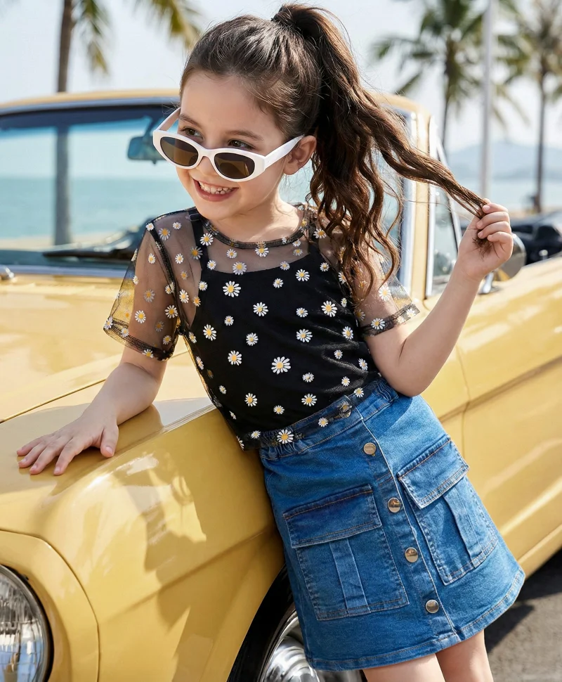Ollington St. Ollington St. Cotton Knit Half Sleeves Floral Printed Top with Inner Top & Stretchable Denim Skirt Set - Black & Blue
