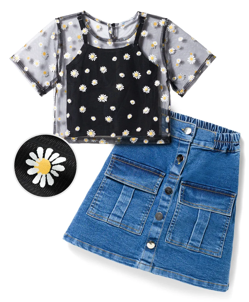 Ollington St. Ollington St. Cotton Knit Half Sleeves Floral Printed Top with Inner Top & Stretchable Denim Skirt Set - Black & Blue
