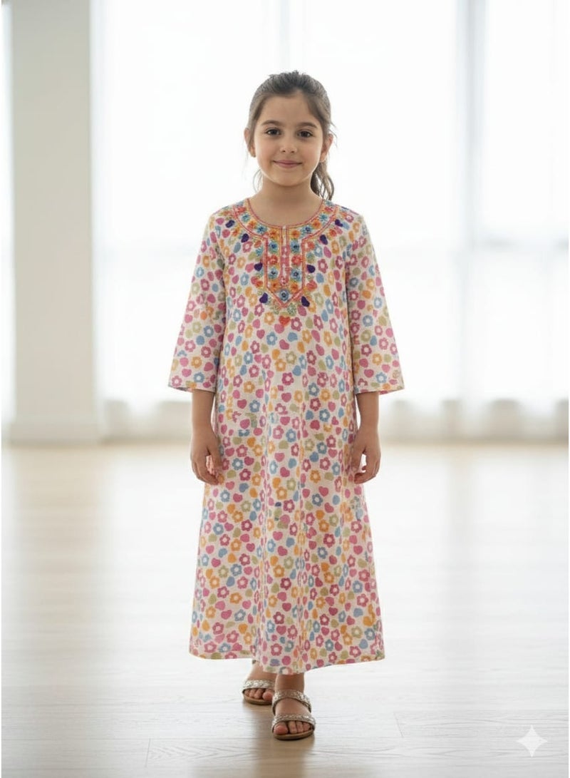 Linelle Rayon Kids Jalabiya, White Multicolor Floral Print, Embroidered Neckline - Image 1
