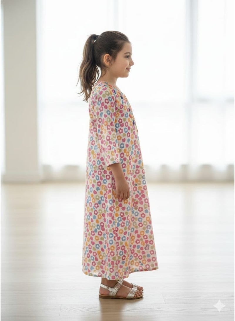 Linelle Rayon Kids Jalabiya, White Multicolor Floral Print, Embroidered Neckline - Image 3