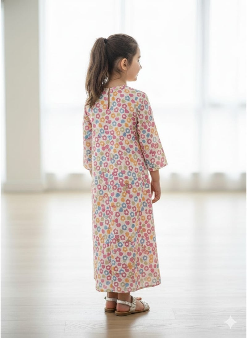 Linelle Rayon Kids Jalabiya, White Multicolor Floral Print, Embroidered Neckline - Image 2