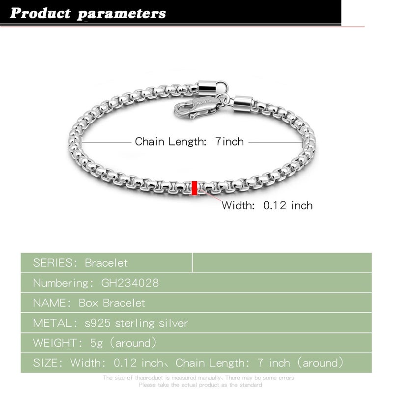 Dankadi 925 Sterling Silver Bracelet Men Women 3MM Square Rolo Link Round Box Chain 6.3" 6.7" 7" 7.5" 8" 8.5" 9" Bangle Unisex Jewelry Gift (Silver, 7 inches) - Image 3