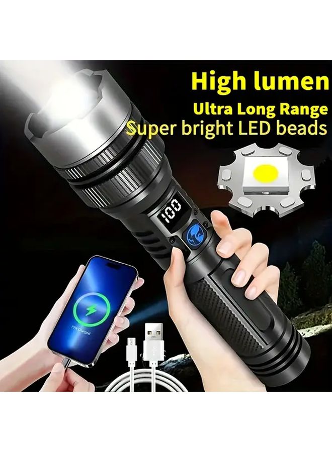 مصباح يدوي LED أسود كبير فائق السطوع 10000 لومن قابل لإعادة الشحن عبر USB - معدات التخييم - Image 1