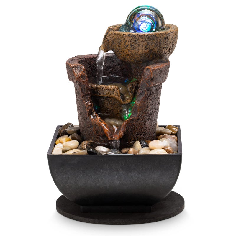 AMOOTEK Tabletop Fountain Indoor Waterfall Meditation Fountain Office Relaxing Tabletop Fountain Includes Many Natural River Rock LED Lights Rolling Decorative Bubble Balls 