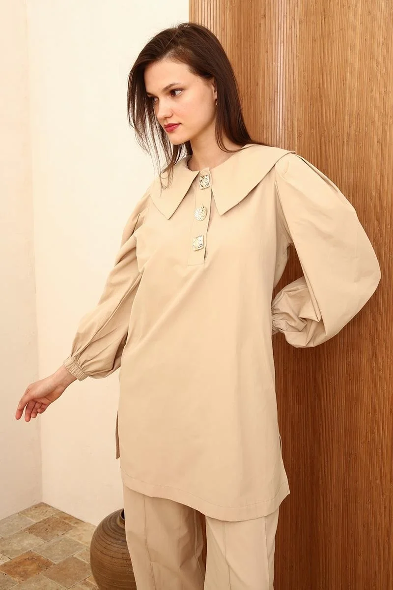 Allday Beige-Gold Buttoned Large Collar Trouser Suit