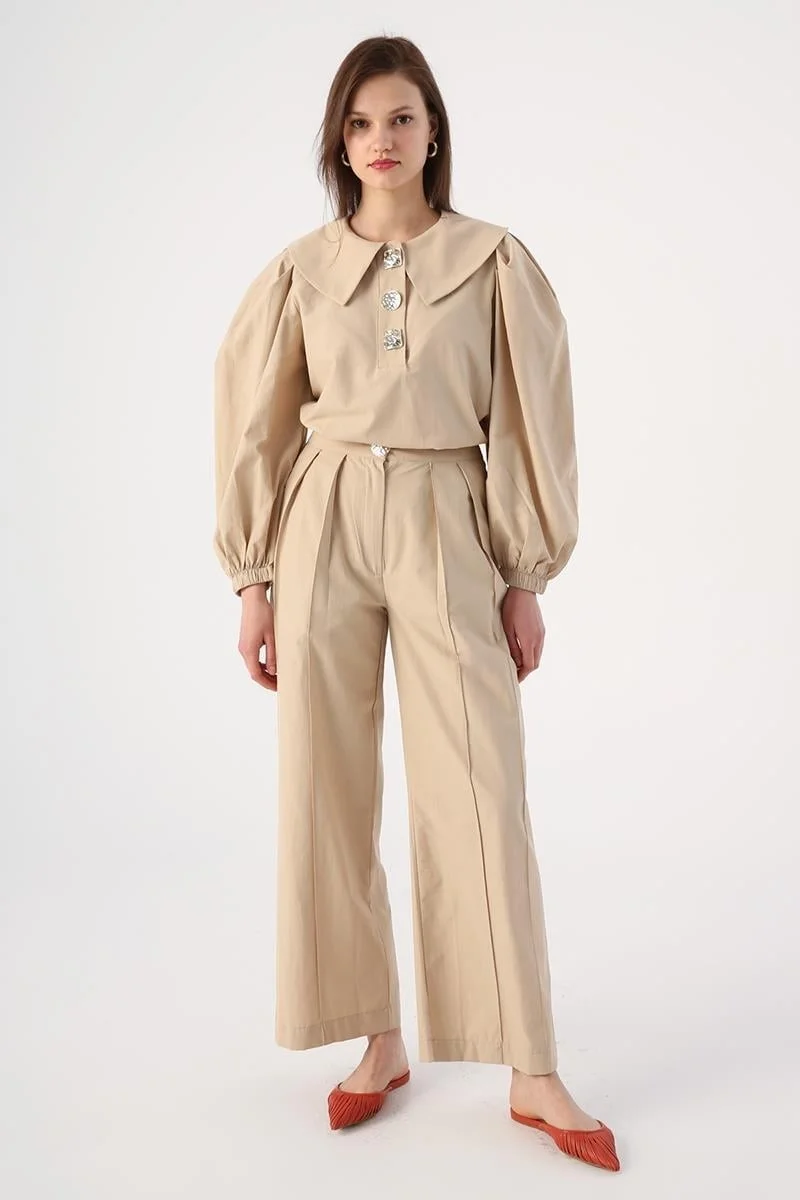 Allday Beige-Gold Buttoned Large Collar Trouser Suit