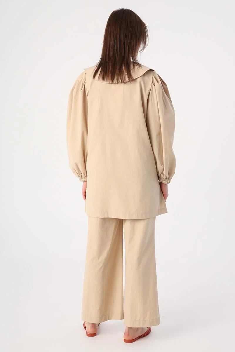 Allday Beige-Gold Buttoned Large Collar Trouser Suit