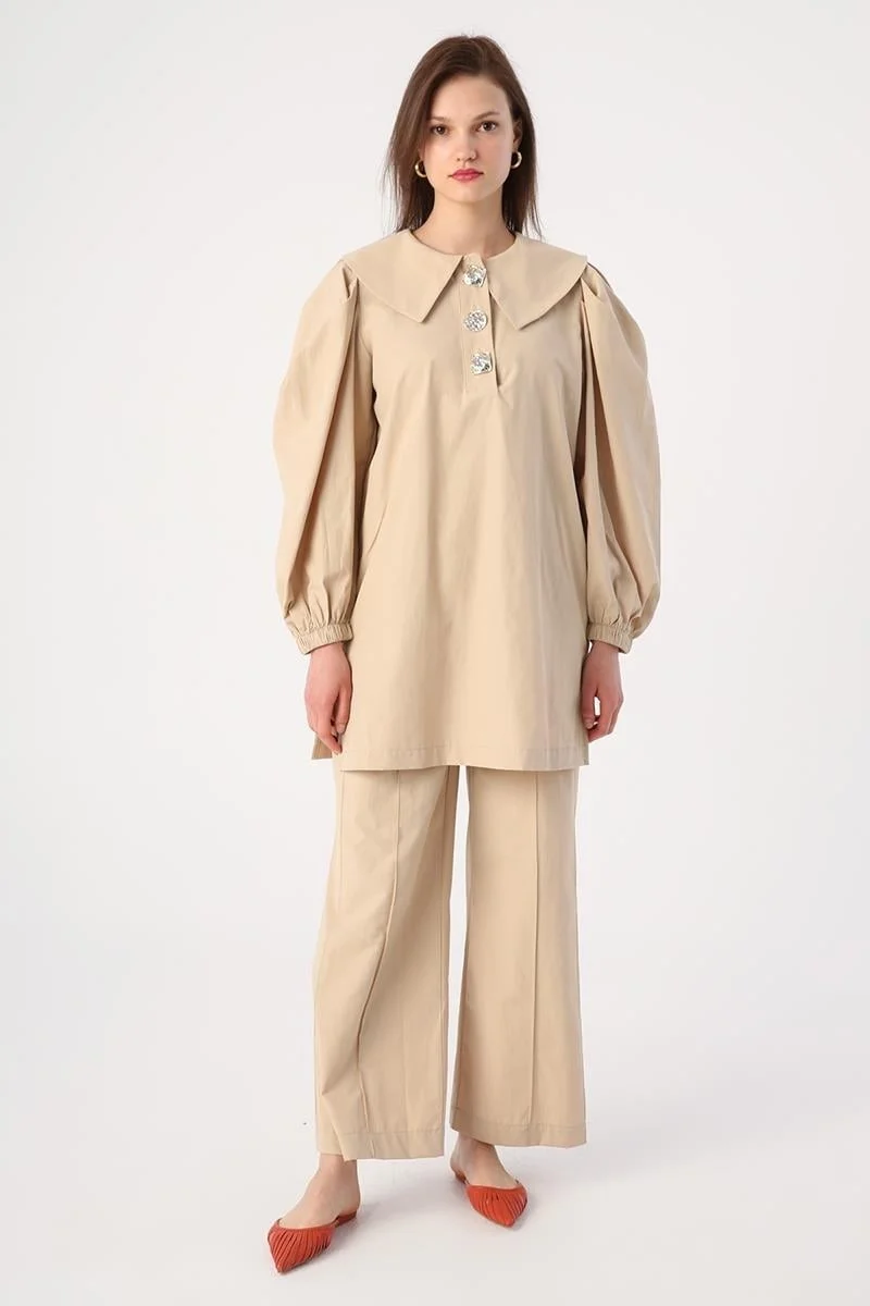 Allday Beige-Gold Buttoned Large Collar Trouser Suit