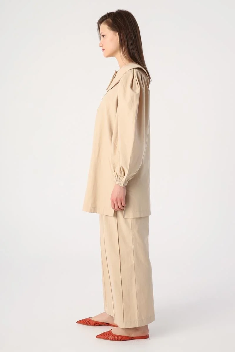 Allday Beige-Gold Buttoned Large Collar Trouser Suit