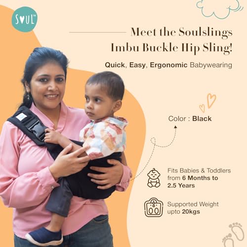 SoulSlings Imbu Buckle Hip Sling Baby Carrier - 100% Cotton - Black | Baby Toddler Carrier | Lightweight Sling Baby Carrier for Babies & Toddlers | Adjustable for 6-30 Months (Upto 20kg) - Image 2