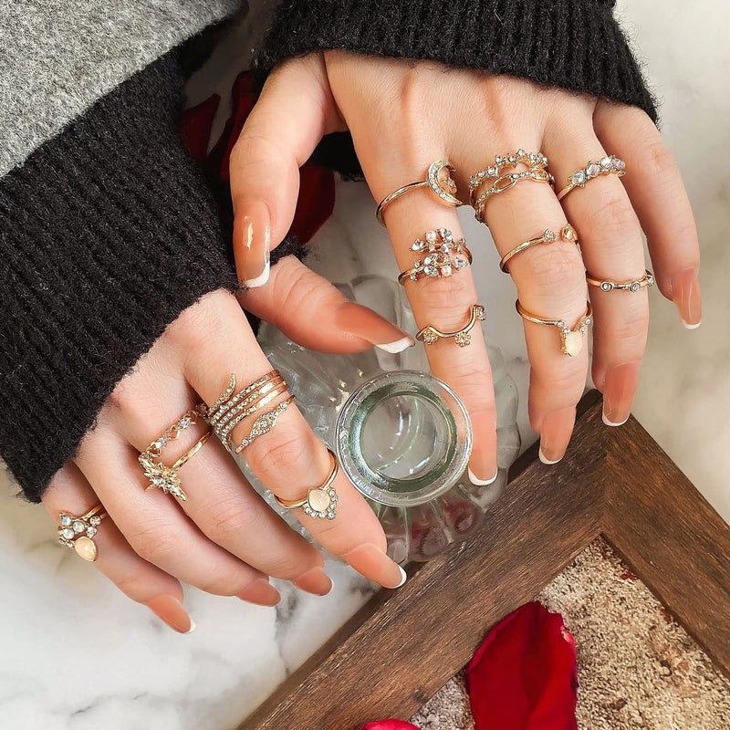 17IF 27 Pcs Gold Boho Sparkle Knuckle Rings Set for Women, Vintage Fashion Aesthetic Trendy Joint Snake Ring Pack, Retro Pink Rhinestone Assorted Moon Star Crystal Love Leaf Diamond Pearl Jewelry - Image 5