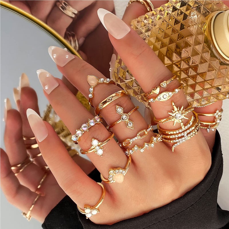 17IF 27 Pcs Gold Boho Sparkle Knuckle Rings Set for Women, Vintage Fashion Aesthetic Trendy Joint Snake Ring Pack, Retro Pink Rhinestone Assorted Moon Star Crystal Love Leaf Diamond Pearl Jewelry - Image 4