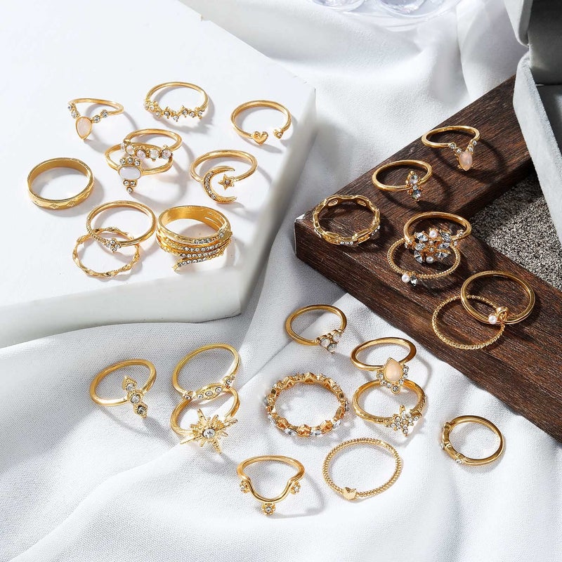 17IF 27 Pcs Gold Boho Sparkle Knuckle Rings Set for Women, Vintage Fashion Aesthetic Trendy Joint Snake Ring Pack, Retro Pink Rhinestone Assorted Moon Star Crystal Love Leaf Diamond Pearl Jewelry - Image 3