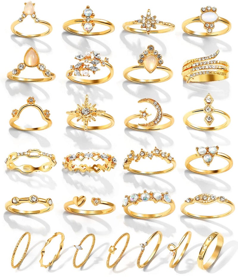 17IF 27 Pcs Gold Boho Sparkle Knuckle Rings Set for Women, Vintage Fashion Aesthetic Trendy Joint Snake Ring Pack, Retro Pink Rhinestone Assorted Moon Star Crystal Love Leaf Diamond Pearl Jewelry - Image 1