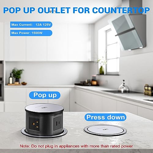 XBA Pop Up Outlet for Countertop with 20W USB C, Recessed Power Strip 4.7inch Hidden Outlet with 15W Wireless Charger Electrical Power Socket with 4 AC Plug and 1 USB-A Port for Kitchen(Black) - Image 4