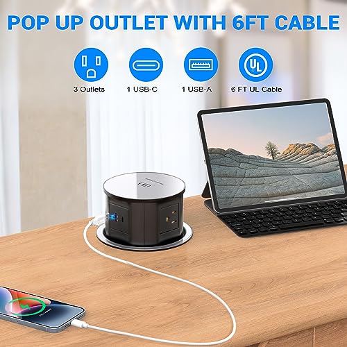 XBA Pop Up Outlet for Countertop with 20W USB C, Recessed Power Strip 4.7inch Hidden Outlet with 15W Wireless Charger Electrical Power Socket with 4 AC Plug and 1 USB-A Port for Kitchen(Black) - Image 3