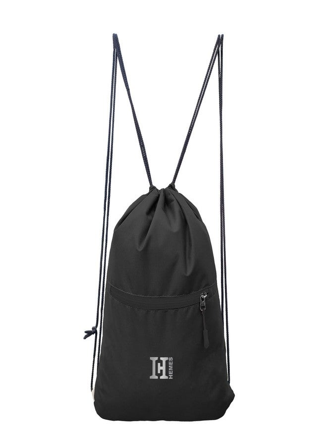 H-HEMES Drawstring Backpack Small Bag Gym Bag for Women & Men With Front Zipper Pocket 12L Dori Bag (Black) - Image 1