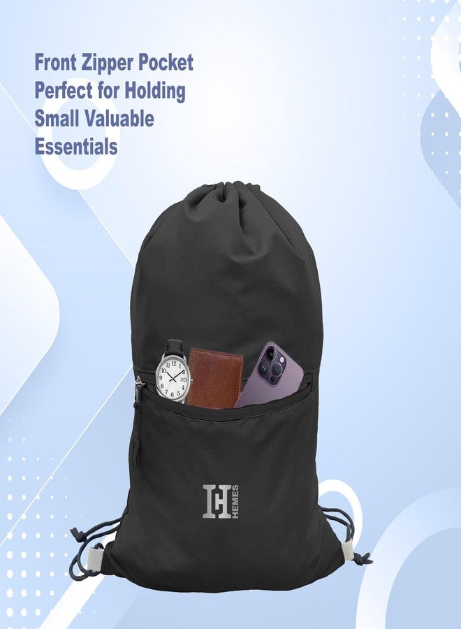 H-HEMES Drawstring Backpack Small Bag Gym Bag for Women & Men With Front Zipper Pocket 12L Dori Bag (Black) - Image 5