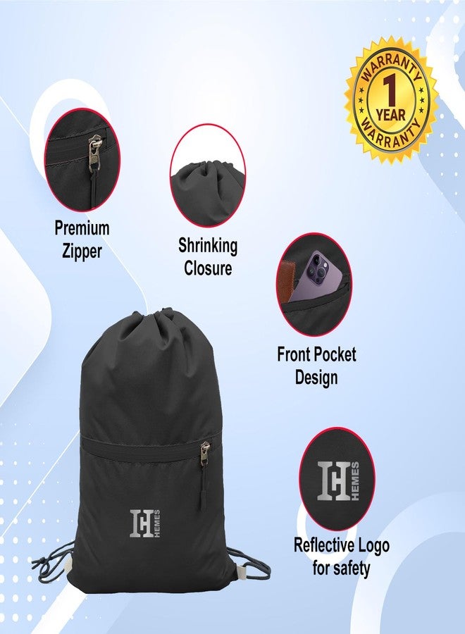 H-HEMES Drawstring Backpack Small Bag Gym Bag for Women & Men With Front Zipper Pocket 12L Dori Bag (Black) - Image 2