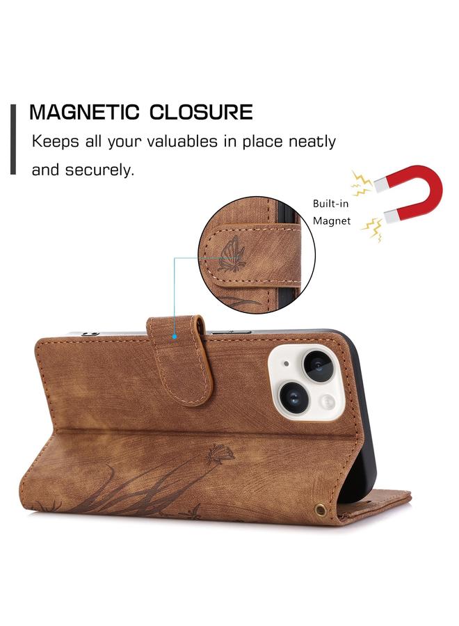 اس-توب جراب هاتف iPhone 15 Plus مصنوع من الجلد المنقوش بنقشة فراشة الأوركيد - Image 5