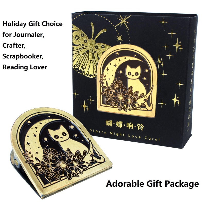 Dwpetzo Vintage Cat Metal Journal Clip & Page Holder for Thick Notebooks - Decorative Moon Book Clip for Hobonichi, Travelers Notebook Accessories, Compatible with Moterm, Midori, Art Journaling Charms - Image 4