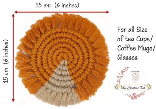 My Creative Hut Macrame Round Coasters Bohemian Style, Handmade, More Absorbent, Traditional, Diwali Gifting, Multipurpose, Big Size (Mustard Beige, Set of 6) - Image 4