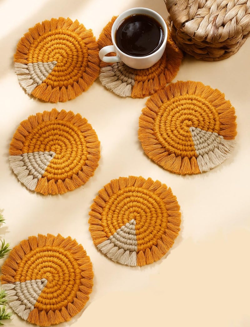 My Creative Hut Macrame Round Coasters Bohemian Style, Handmade, More Absorbent, Traditional, Diwali Gifting, Multipurpose, Big Size (Mustard Beige, Set of 6) - Image 1