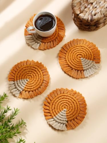 My Creative Hut Macrame Round Coasters Bohemian Style, Handmade, More Absorbent, Traditional, Diwali Gifting, Multipurpose, Big Size (Mustard Beige, Set of 6) - Image 3