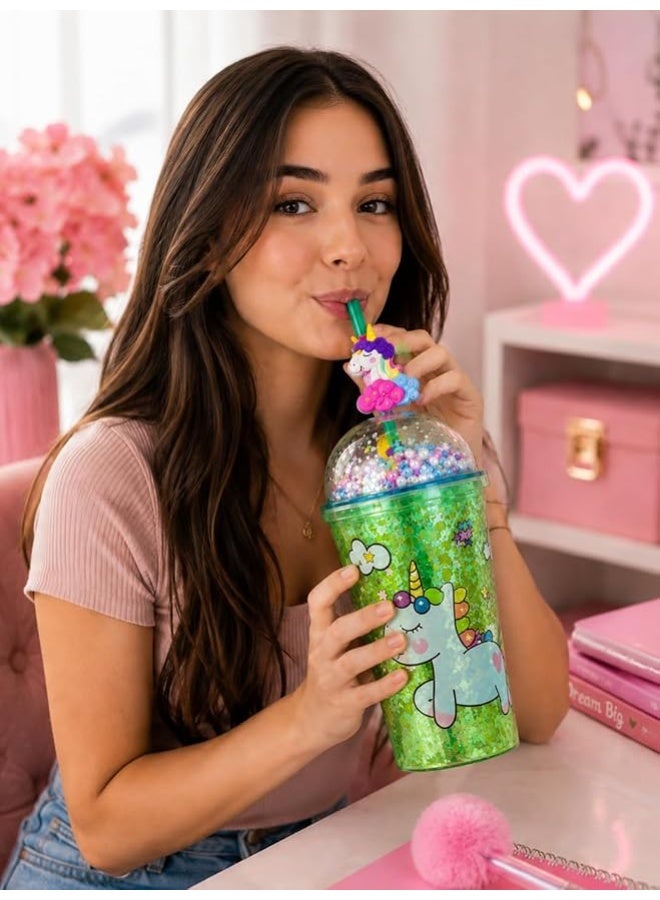 Unicorn-themed glittery drinking cup with straw and tight-fitting lid, a trendy multi-use cup for cold drinks and everyday commuting (green) - Image 4