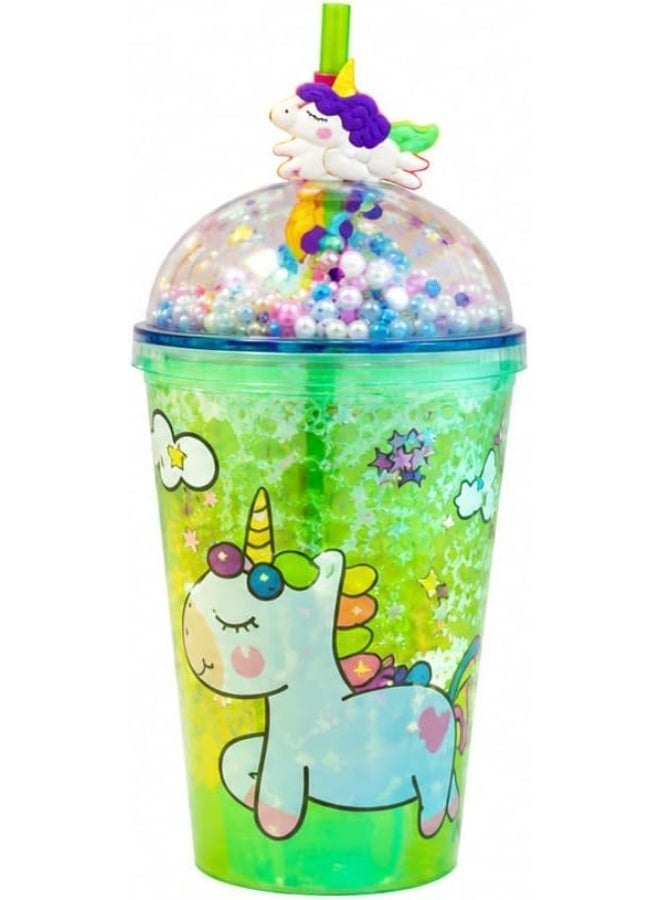 Unicorn-themed glittery drinking cup with straw and tight-fitting lid, a trendy multi-use cup for cold drinks and everyday commuting (green) - Image 1