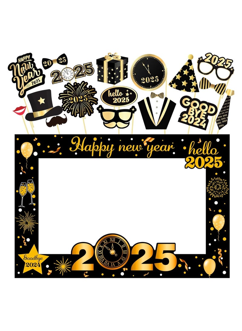 إطار Photo Booth للعام الجديد 2025 - حزمة مكونة من 36 قطعة، دعائم Photo Booth للسنة الجديدة 2025 | زينة سنة جديدة سعيدة 2025 | لوازم حفلات رأس السنة الجديدة 2025| إطار الصورة الشخصية للعام الجديد، 2025 دعائم الصور