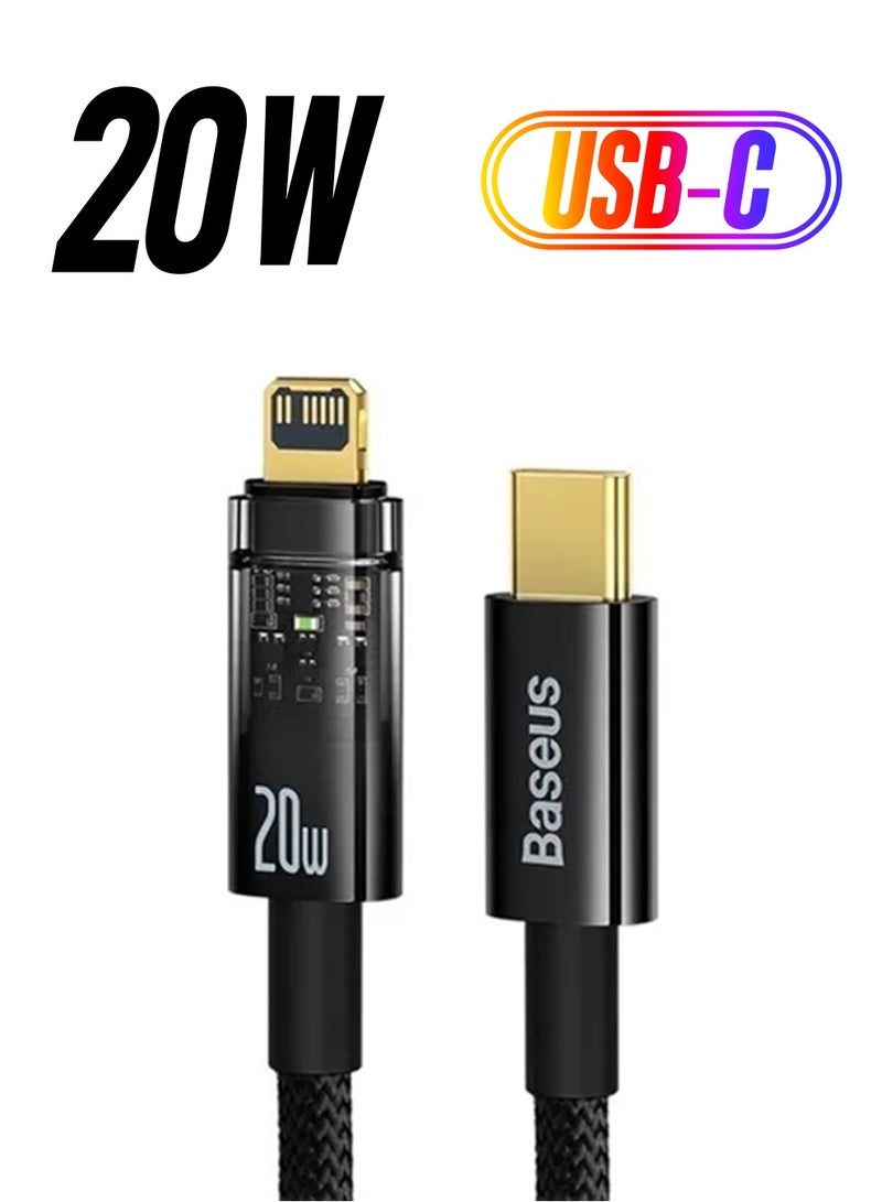 بيسوس كابل من USB-C إلى لايتنينج بقدرة 20 وات وتقنية PD وتغليف بالنايلون المضفور ووظيفة إيقاف التشغيل التلقائي، متوافق مع آيفون 13 و 13 برو و 12 برو ماكس و 12 و 11 و X و XS و XR و 8 بلس، وآيربودز برو (طول متر واحد) أسود - Image 1