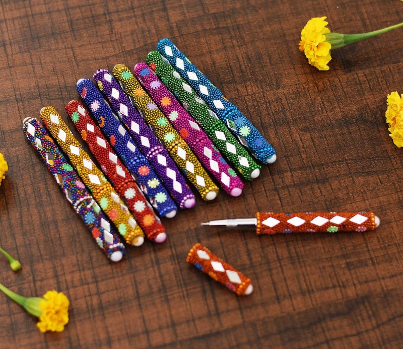 Craftam أقلام حبر كروية مزينة بمرآة وخرز من راجستان، مجموعة هدايا من 10 قطع - Image 1