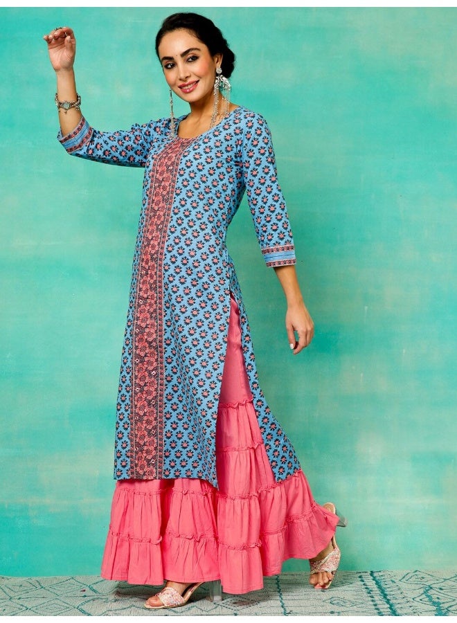 AKS Blue & Pink Printed Straight Kurta  - Image 5