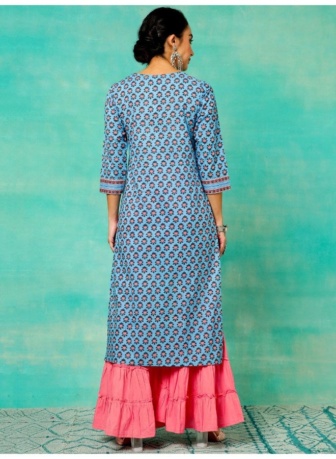 AKS Blue & Pink Printed Straight Kurta  - Image 4
