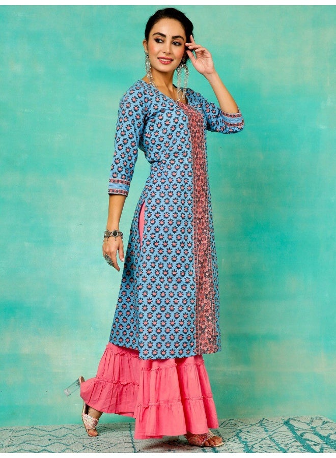 AKS Blue & Pink Printed Straight Kurta  - Image 3