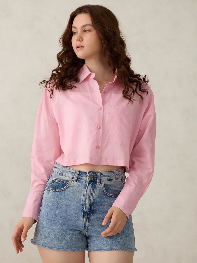 Pink Cropped Solid Shirt